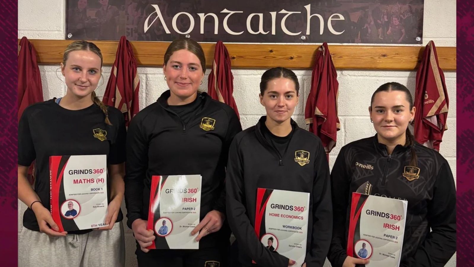 Galway United FC women's players holding Grinds 360 Leaving Cert Maths, Irish, and Home Economics books – Galway grinds and exam preparation
