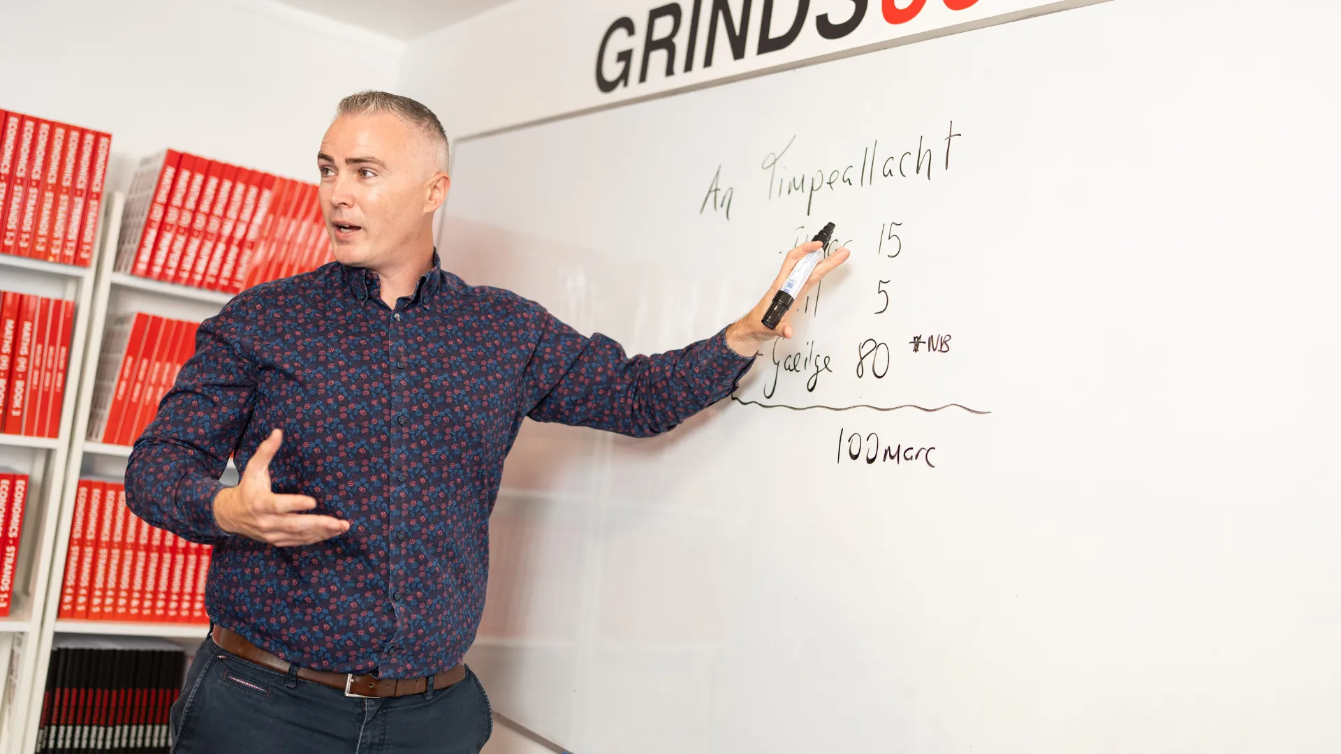Michael Casey Irish Teacher delivering a Leaving Cert Irish grinds lesson, explaining content on a whiteboard with bookshelves in the background.