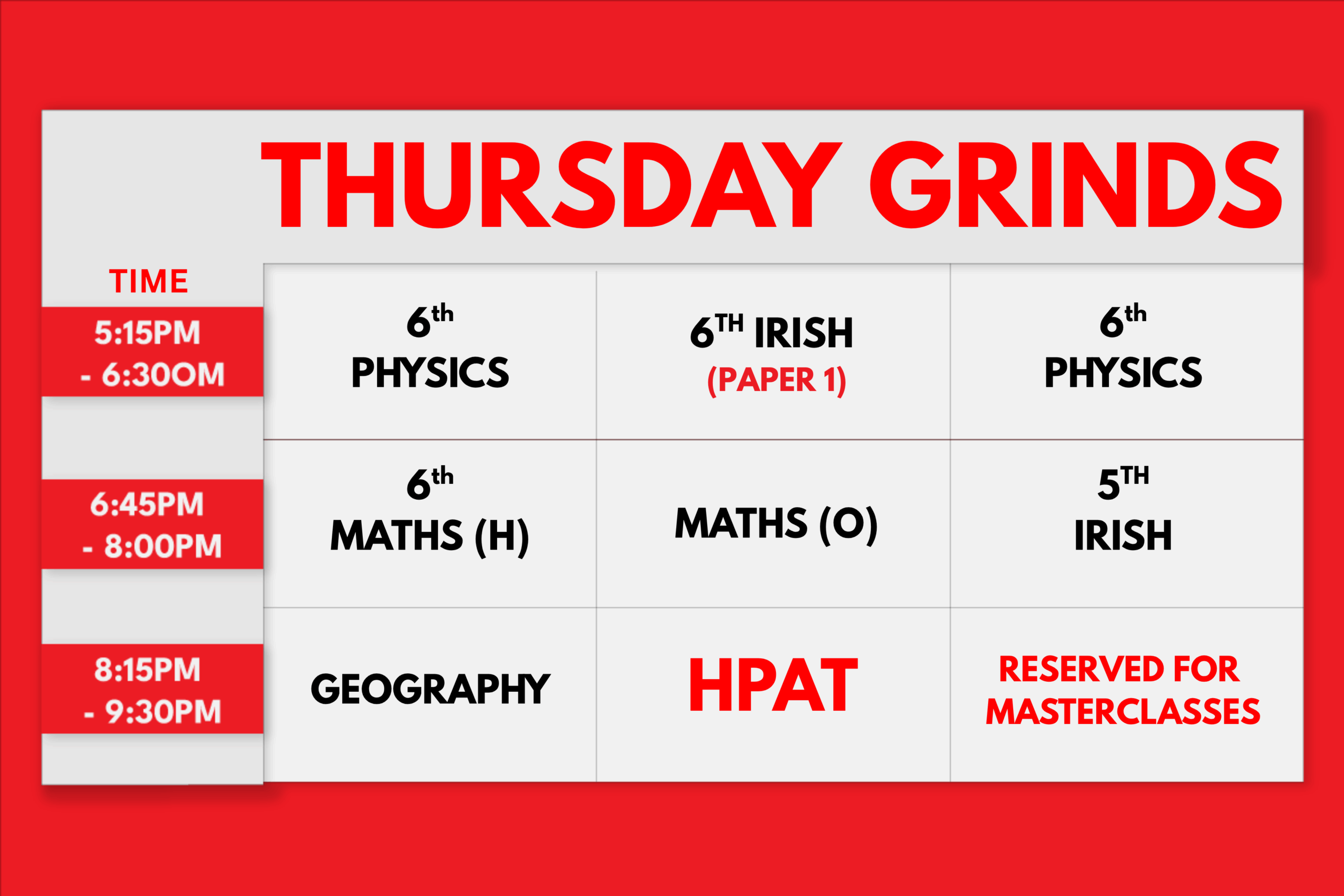 Grinds360 timetable of grinds that take place every Thursday for Leaving Cert students