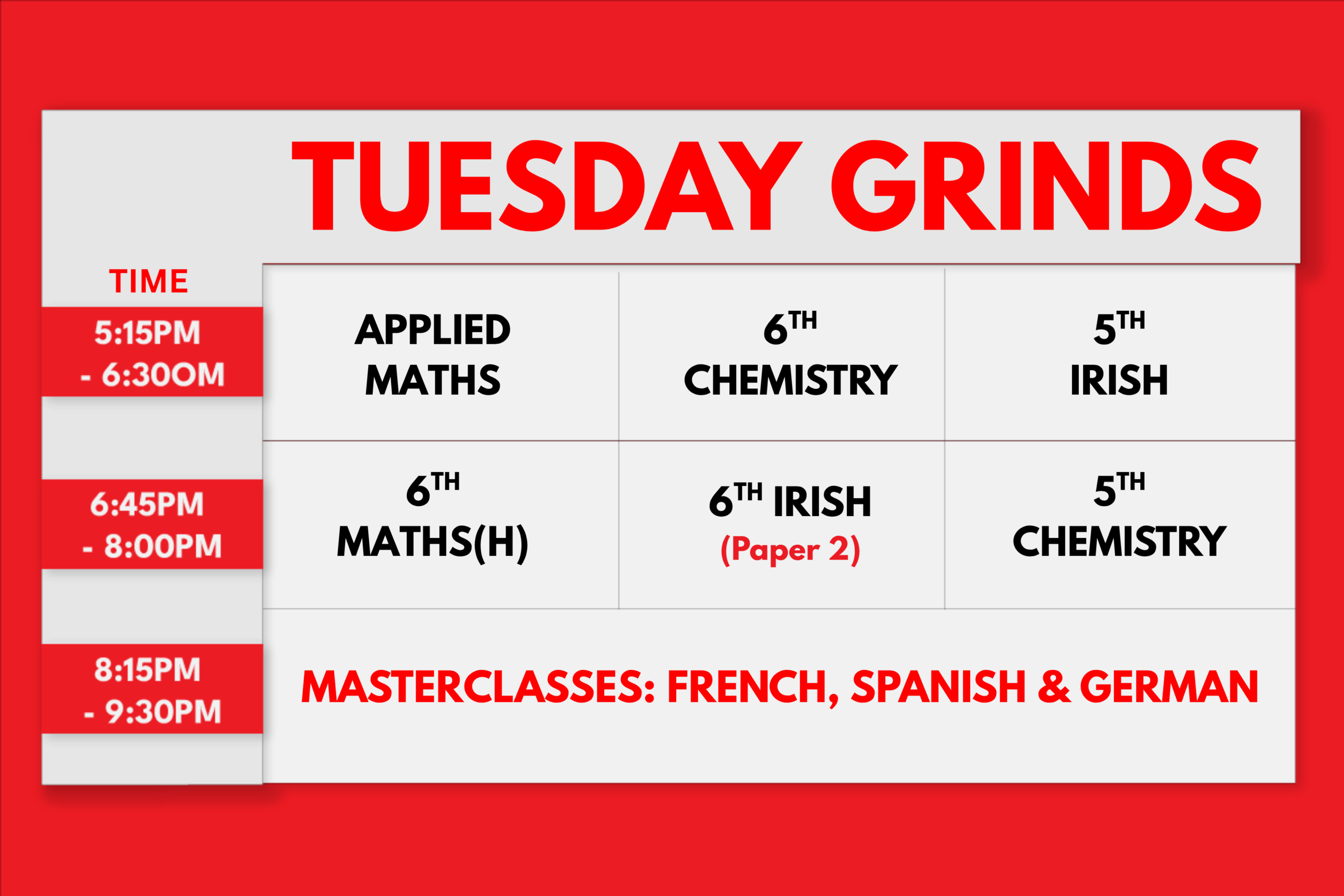 Grinds360 timetable of grinds that take place every Tuesday for Leaving Cert students