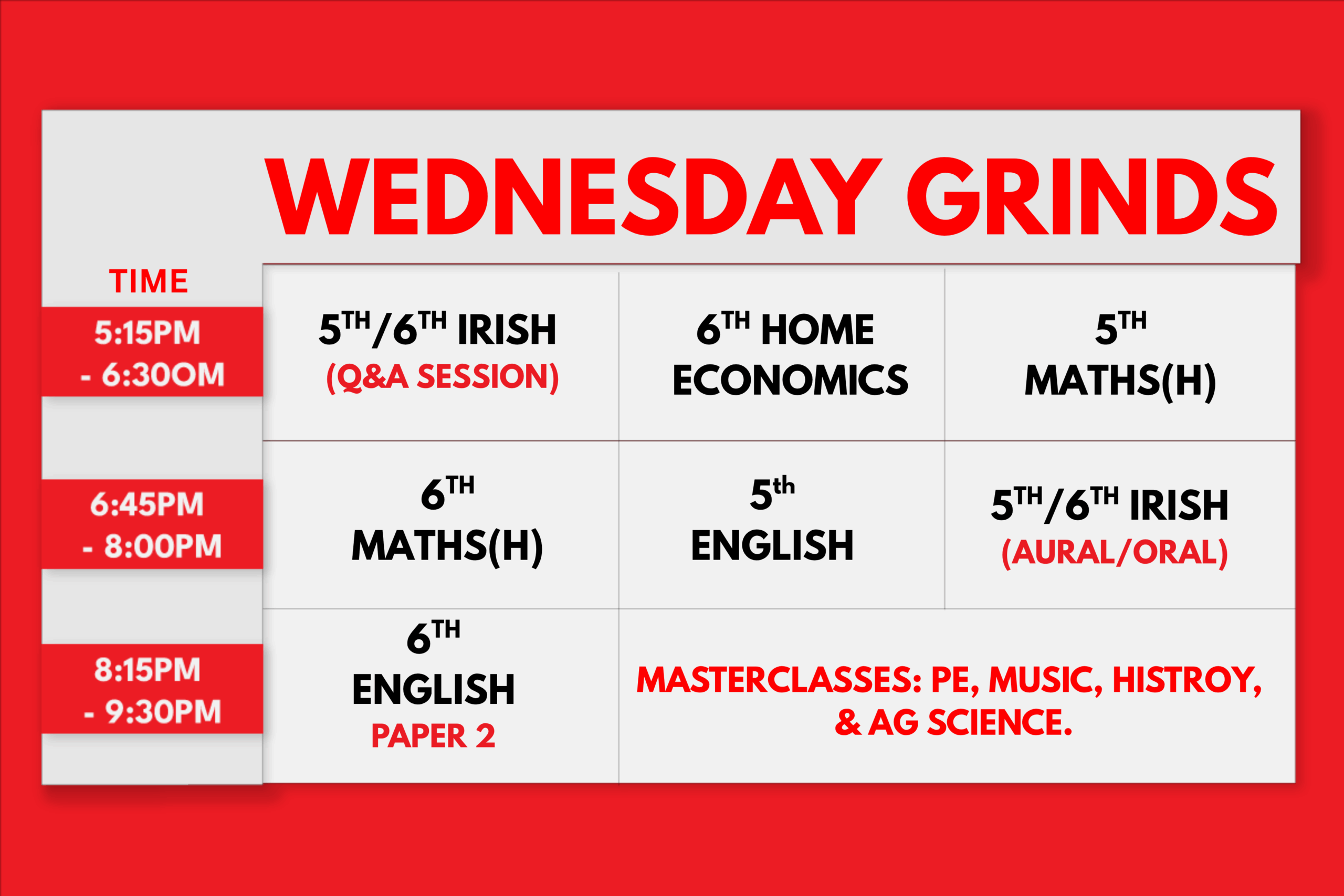 Grinds360 timetable of grinds that take place every Wednesday for Leaving Cert students