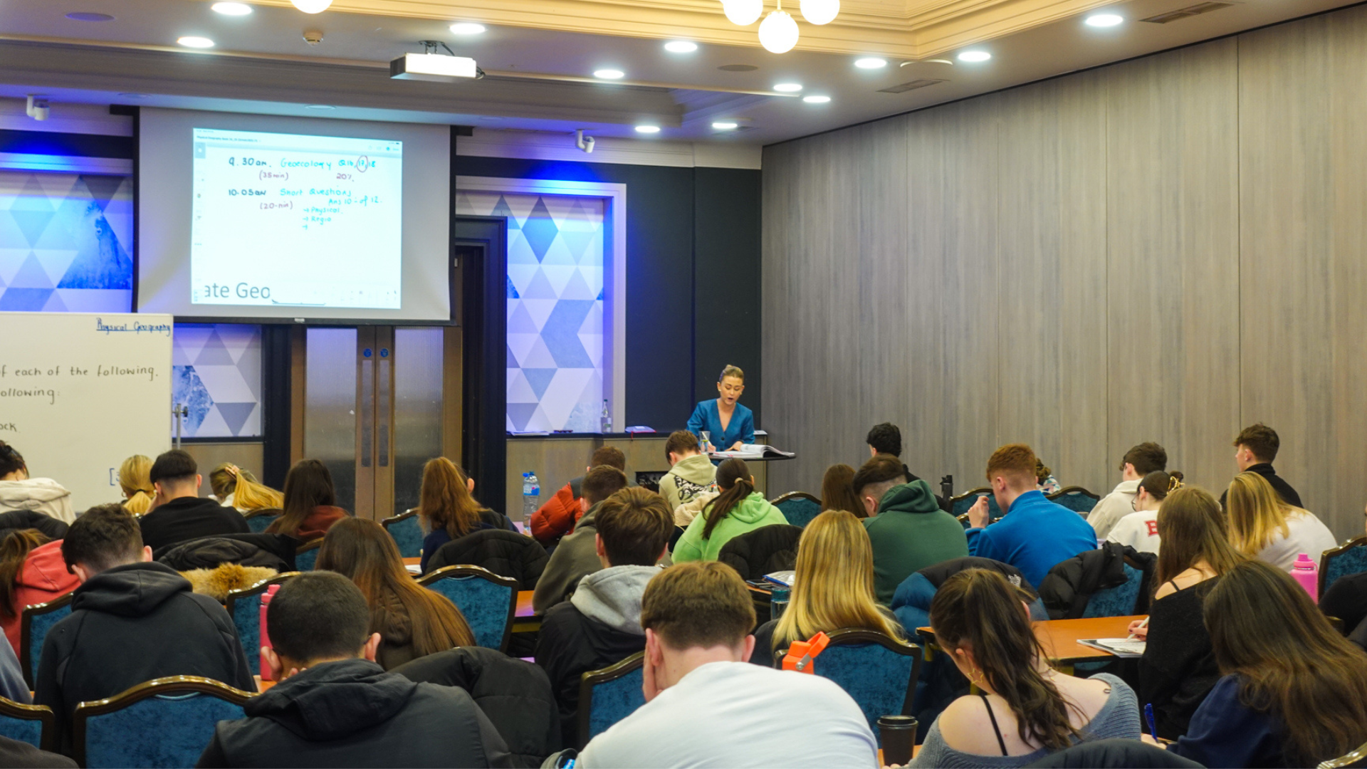 Tracy Gannon giving in-person geography grinds for Grinds360 in The Talbot Hotel