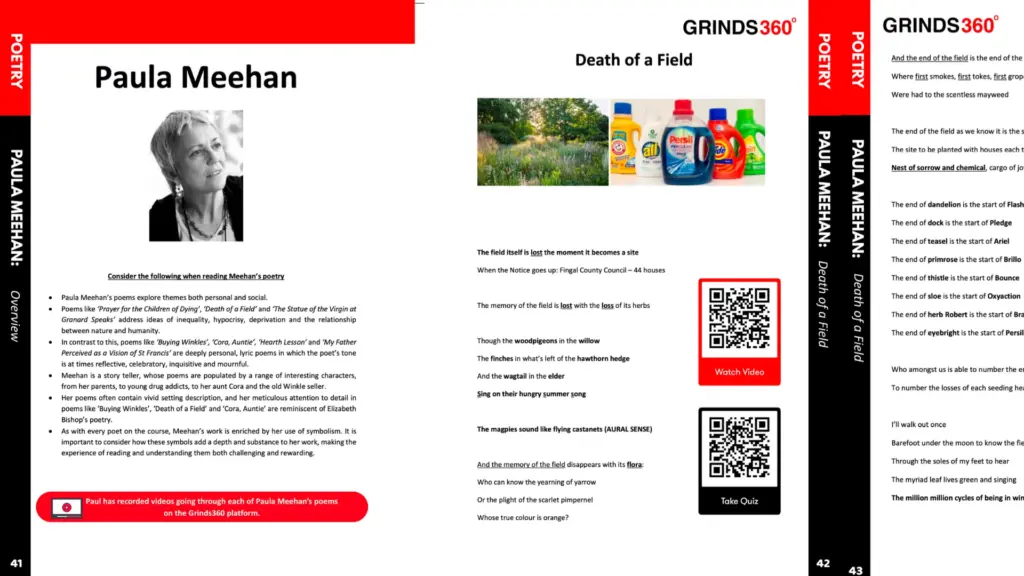 Notes and annotated text for Paula Meehan’s “Death of a Field” from the Leaving Cert English course, including poem analysis, study tips, and QR codes for video lessons and quizzes