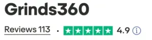 Grinds360 logo with 'Reviews 113' and a 4.9 rating shown as five green/teal stars.